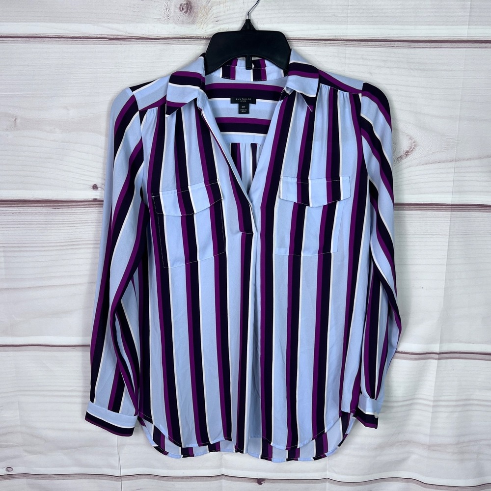 Ann Taylor Top Womens PXS Purple Blue Striped Blouse Collar Pullover Long Sleeve